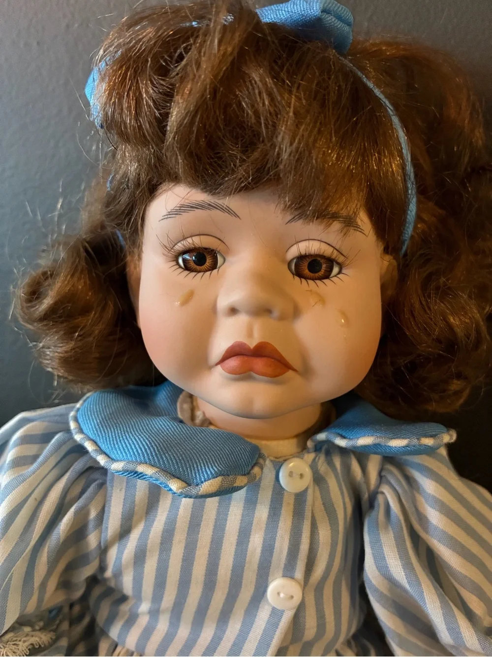 Heritage Blue & White Striped Porcelain Doll with Red Bow Accents